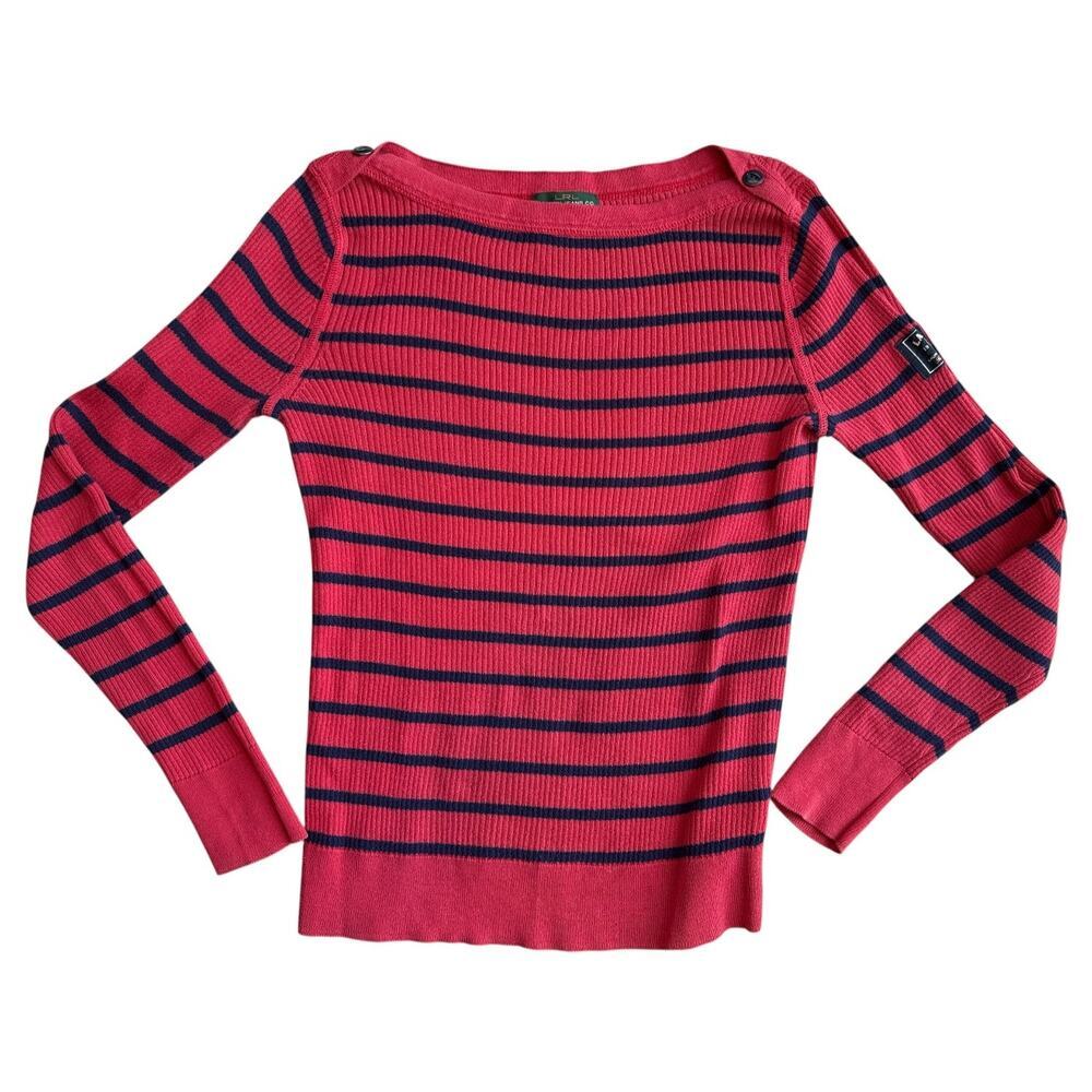 LRL Raplph Lauren Red Navy Stripe Boatneck Long Sleeve Rib Top Sweater Size M